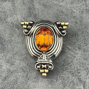 Brooch Pendant Faceted Oval Orange Amber Glass Stone Silver-Gold-Tone Metal